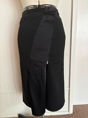 Vintage DKNY Black Wool Skirt with Assymetrical Satin Panel and Thigh Slit (2)